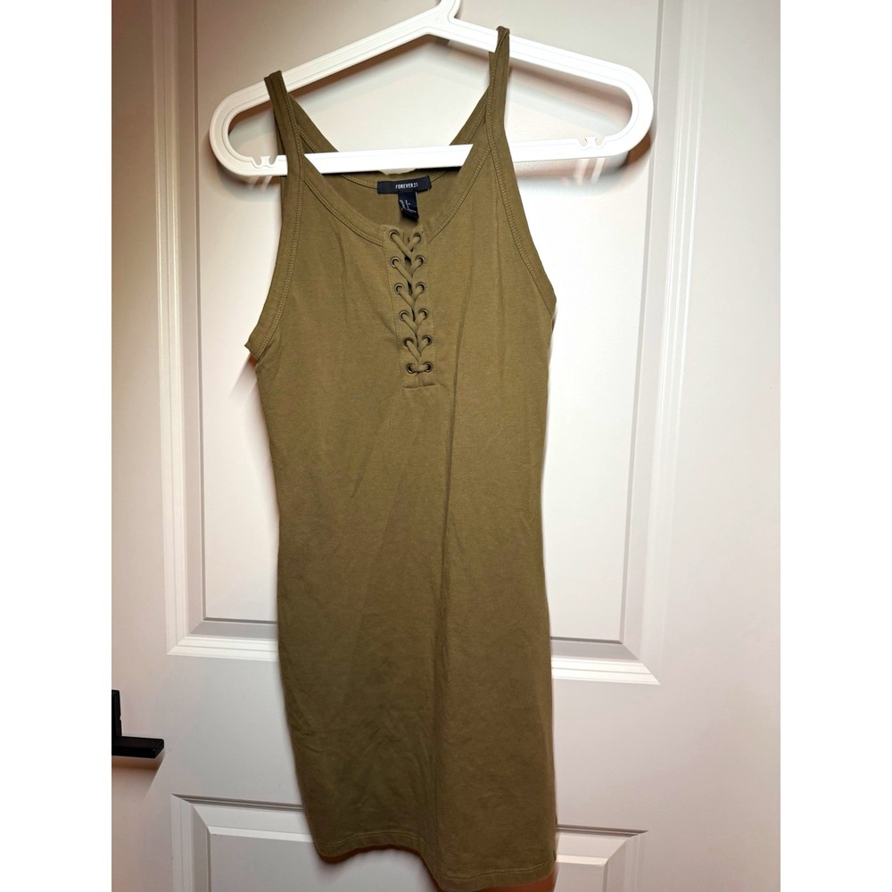 Forever 21 Green Solid Bodycon Dress V-Neck Sleeveless Lace-Up Knee Length S